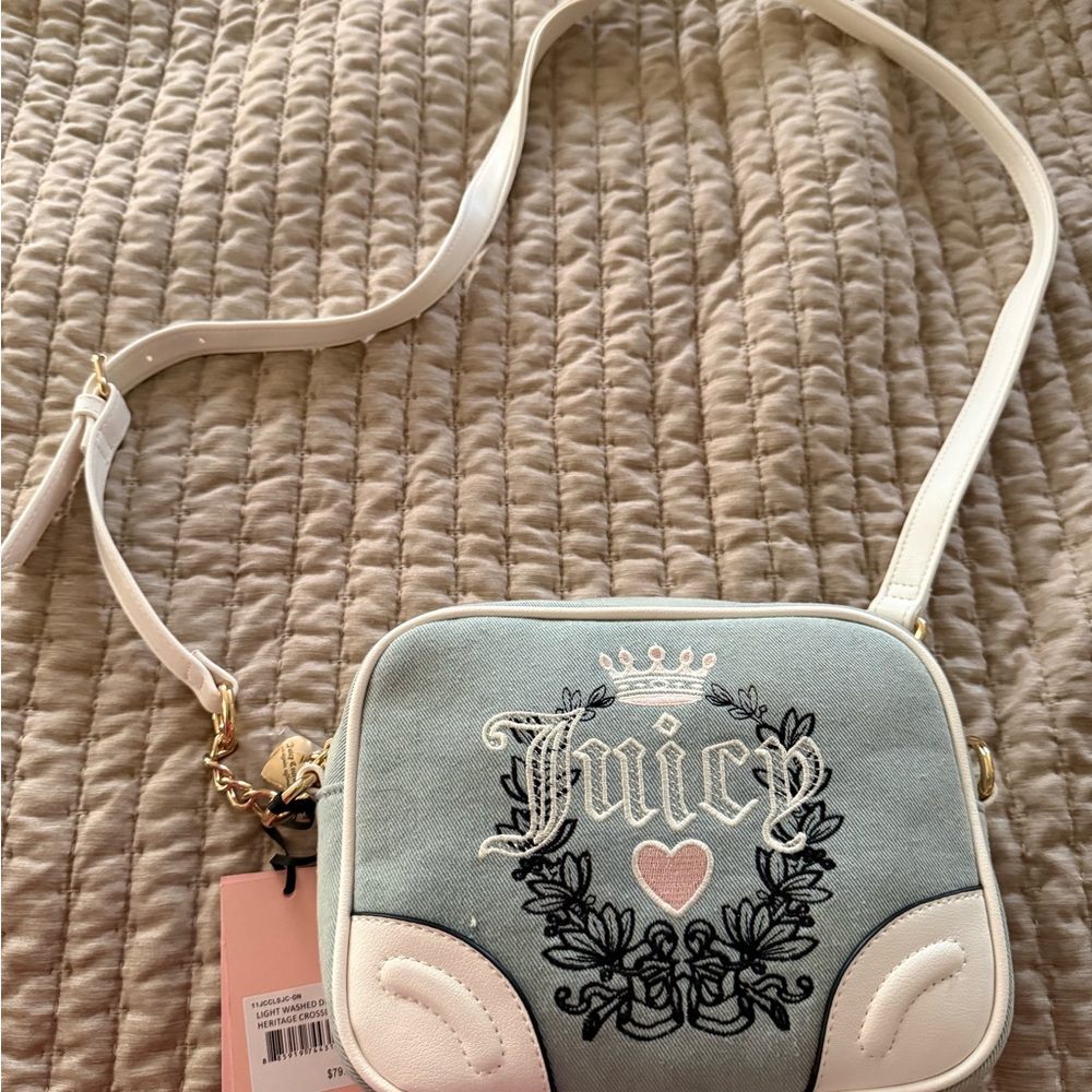 Juicy Couture Light Blue and White Embroidered Crossbody Bag